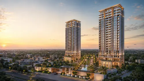 Prestige Springwood main tower elevation with water-facing foreground